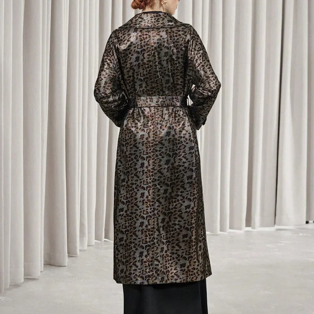 Multicolor Elegant Women's Leopard Print Faux Leather Trench coat / Jacket